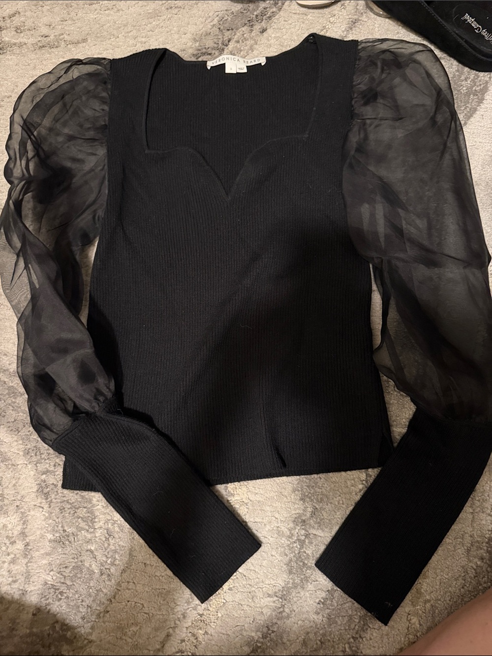 Veronica Beard Black Puff-Sleeve Sheer-Sleeve Knit Top